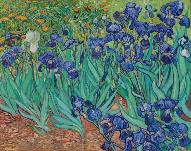 Painting of irises with green stalks and blue flowers