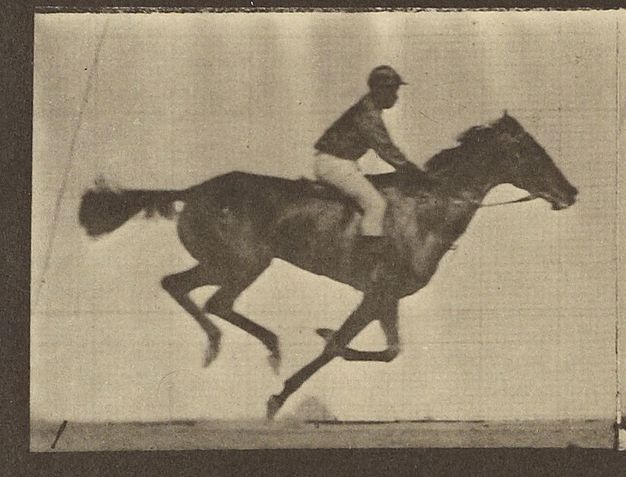 Sixteen frames, in sepia tone, of a horse and rider galloping.
