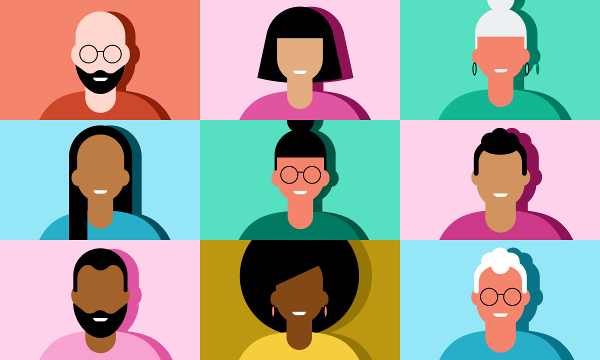 illustration showing a diverse array of stylized people’s faces in multiple colors