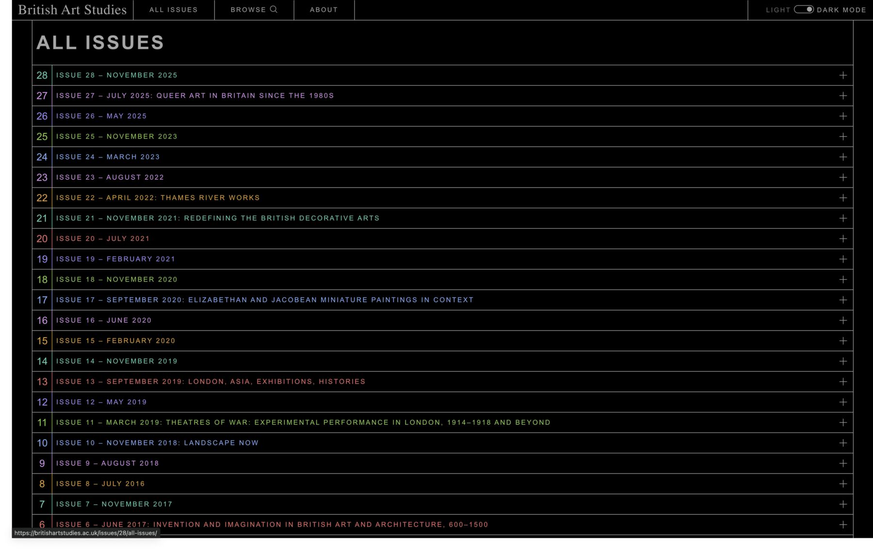 A colorful list of all the issues of the British Art Studies journal that have been created with Quire.