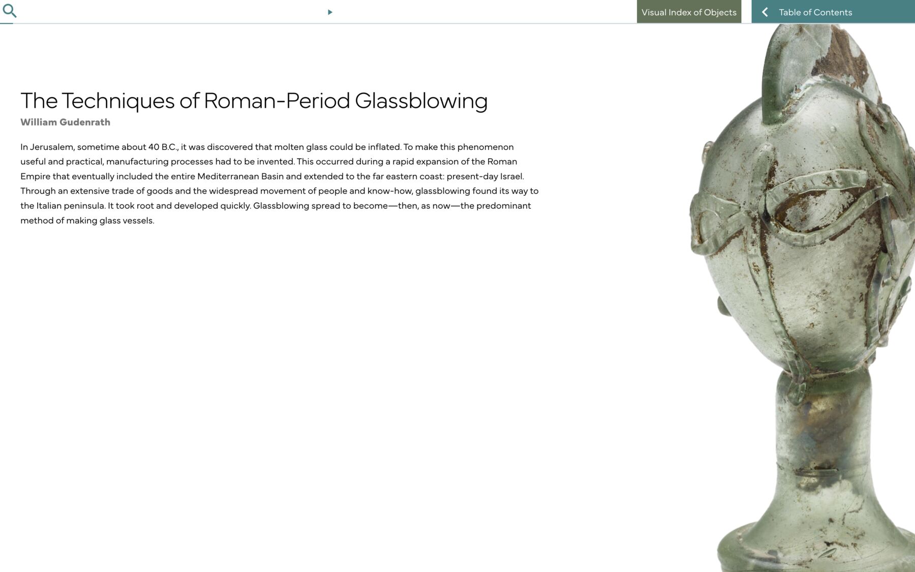 In addition to the title, *The Techniques of Roman-Period Glassblowing*, and author, William Gudenrath, the cover page also includes an image, navigation options, and introductory text.